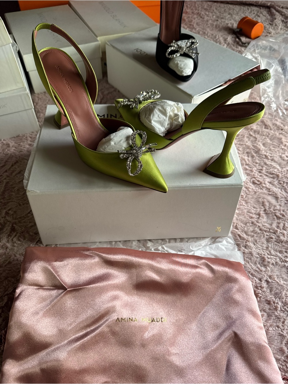 Amina Muaddi Lime Green Satin Crystal Bow Slingback begum cloth mules - Picture 3 of 12